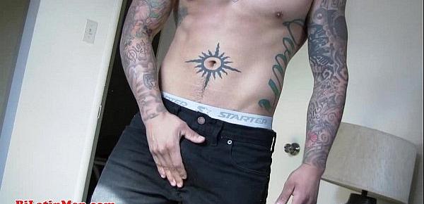  Tatted gay Latin man jerking off